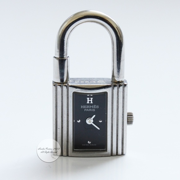 Hermes Kelly Watch Silver Cadena Lock Black Epsom Leather Strap 2004 with COA - Picture 4 of 16